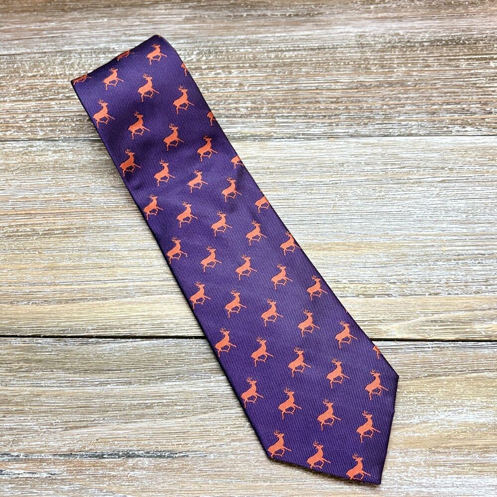 Polo Ralph Lauren Silk Tie Men Purple Orange Deer Pattern Handmade Italy Hunting